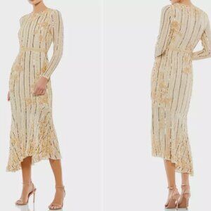 MAC DUGGAL 93627 LONG SLEEVE TEA LENGTH FLORAL BEADED NUDE/ GOLD MIDI DRESS 12
